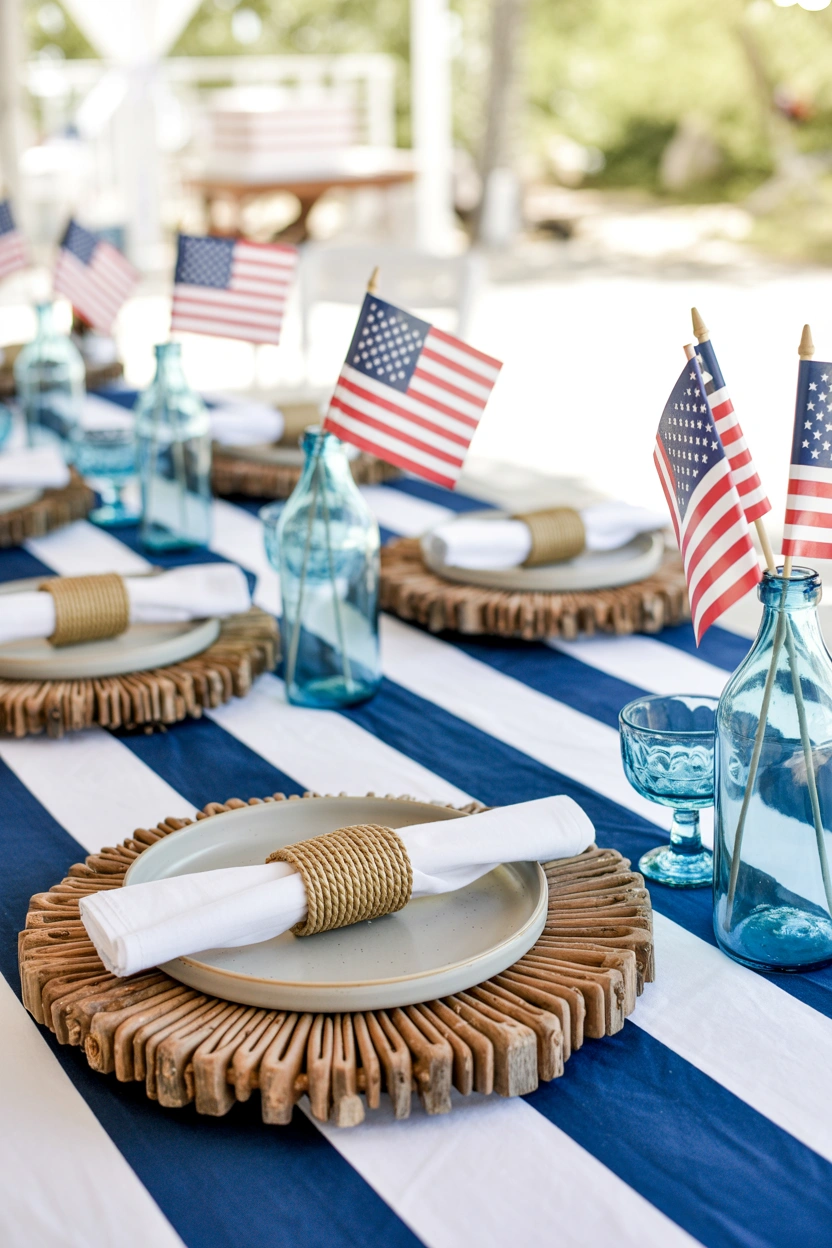 Coastal Americana 4th of July tablescape with striped runner, driftwood chargers, and blue glass bottles