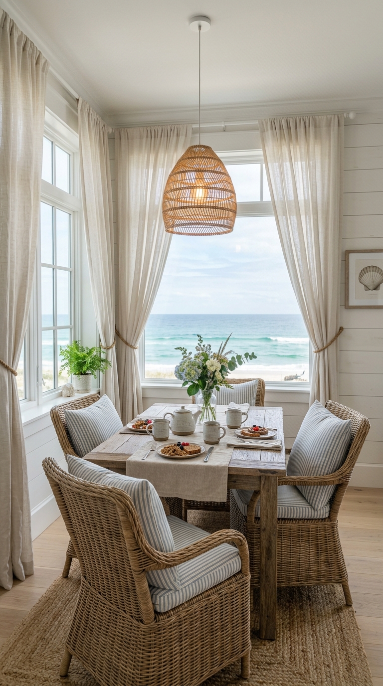 Coastal breakfast nook with weathered oak table, wicker chairs and soft stripe cushions in a bright airy kitchen
