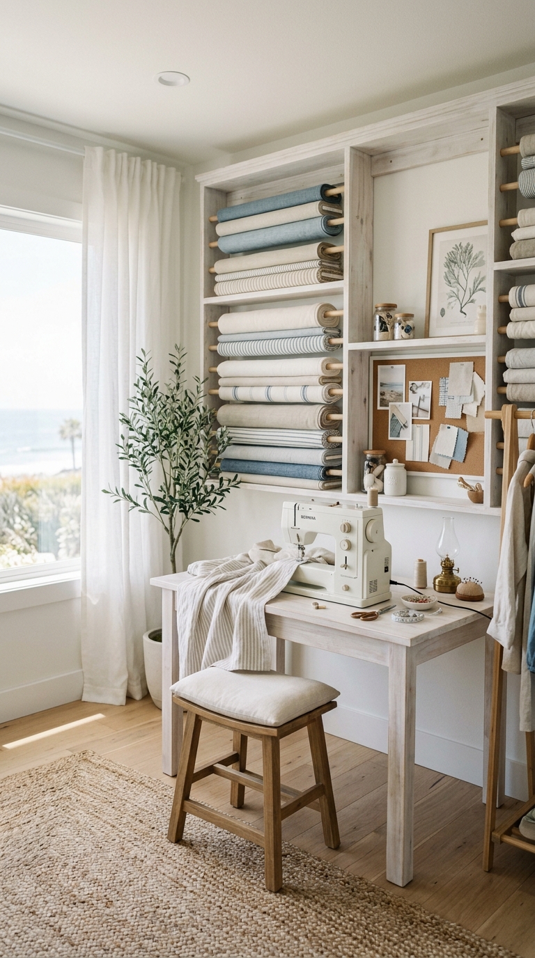 Coastal sewing she shed idea with built-in fabric storage wall and linen decor