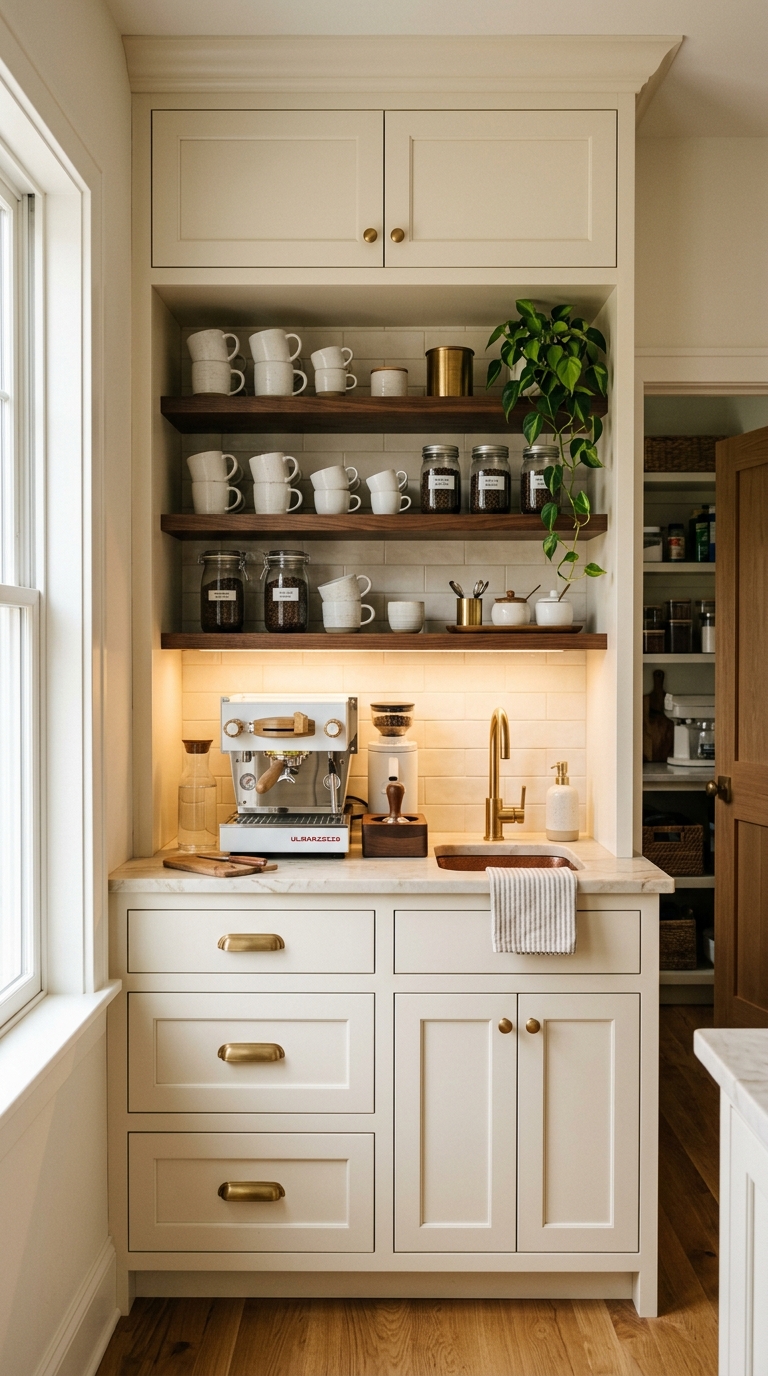 Built-in coffee bar butler's pantry with espresso machine niche, open shelves, and brass hardware