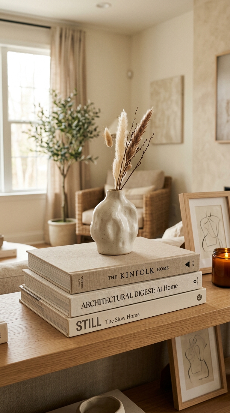 Living room shelf with stacked coffee table books used as a riser, small ceramic vase on top, warm neutral editorial styling