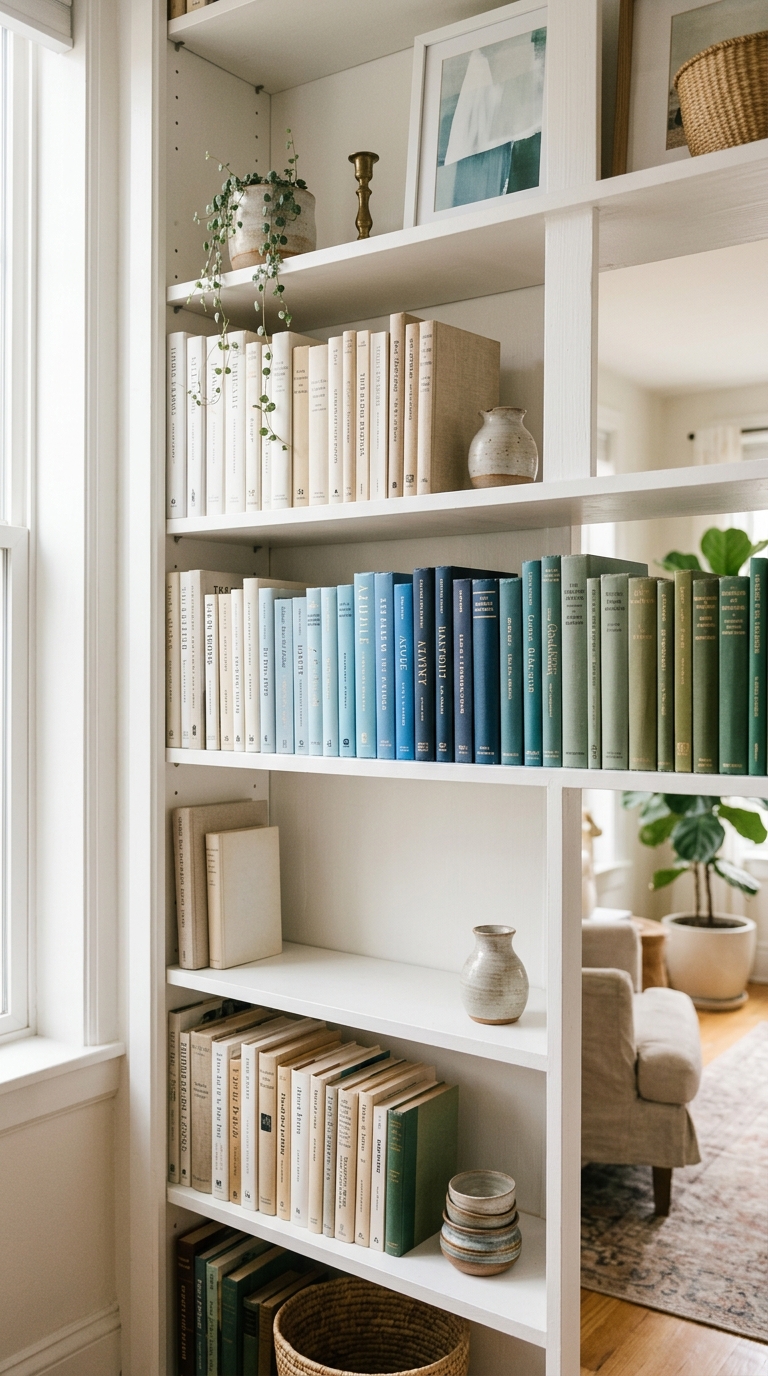 Living room bookcase with books arranged by spine color in soft gradient — white, blue, and sage green — curated artistic shelf styling