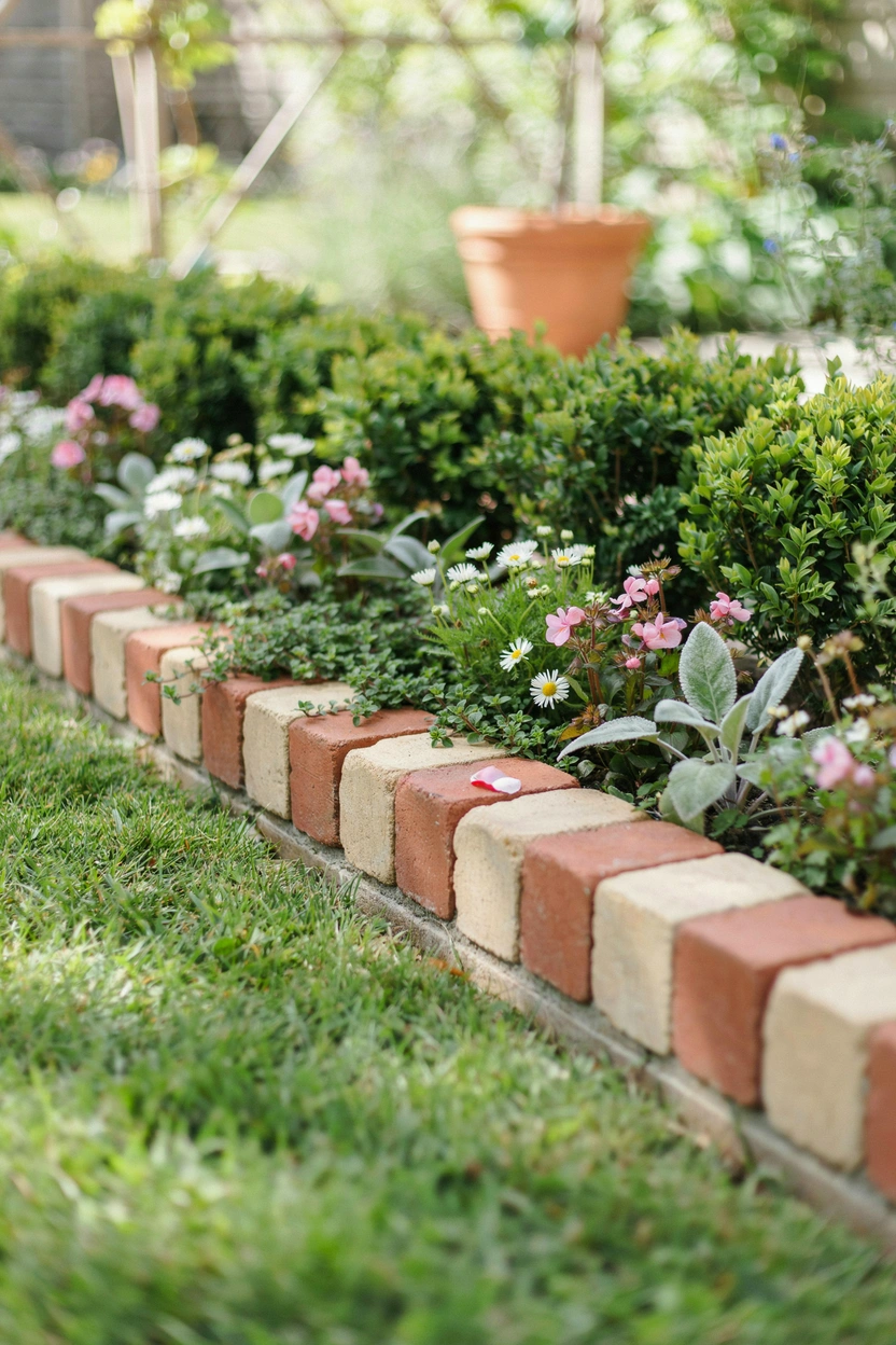 Two-tone alternating red and buff brick garden edging creating a decorative color-contrast border pattern