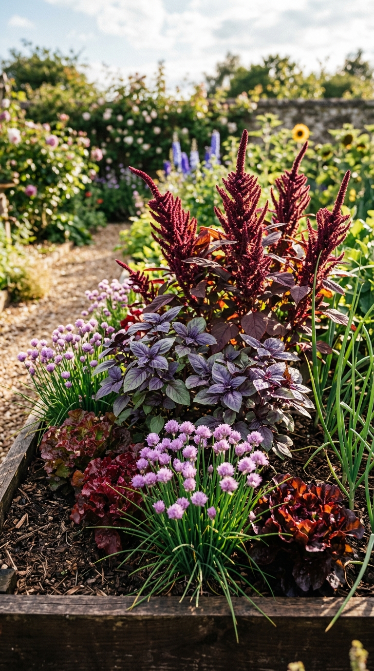 Color-coordinated urban potager garden with purple basil, red lettuce, and violet flowers planted in a deliberate aesthetic palette