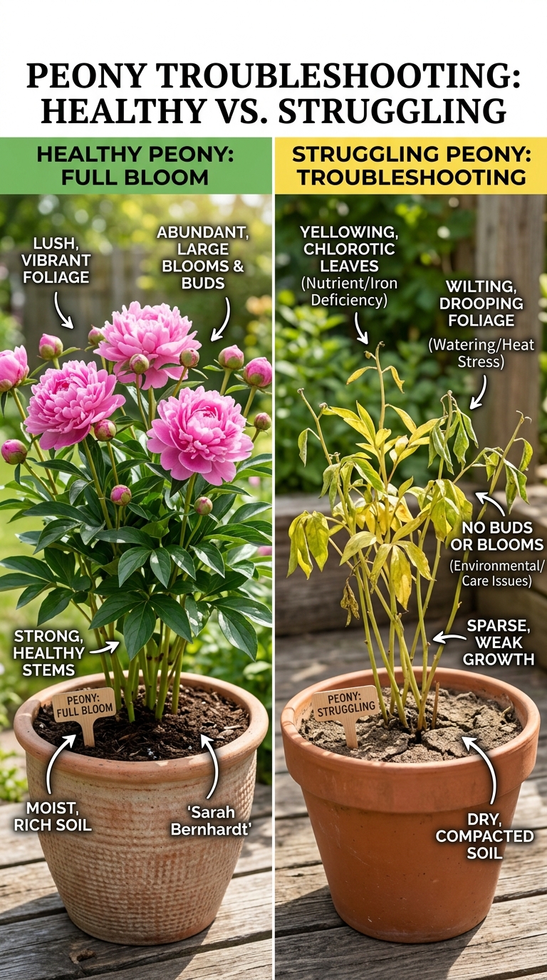 Comparison of healthy blooming peony pot versus struggling container peony showing common problems and troubleshooting for potted peonies