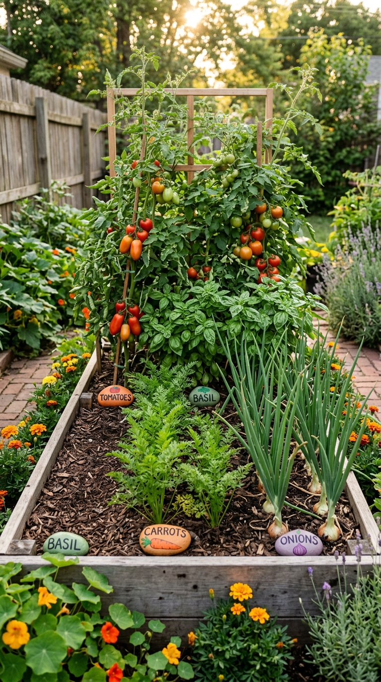 Companion planting layout in a potager garden