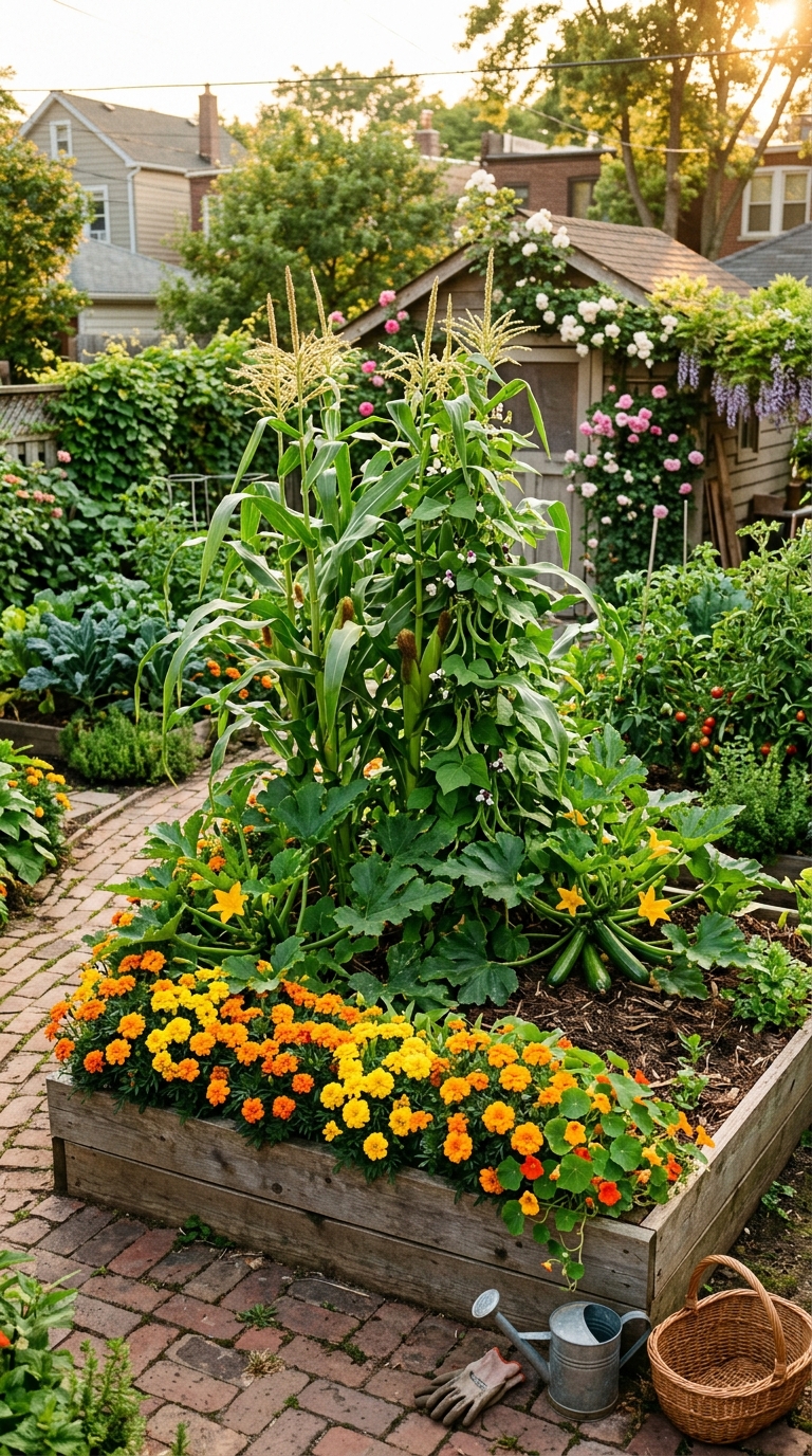 Companion planting potager garden with Three Sisters layout — corn, beans, and squash — with marigold borders in a small backyard