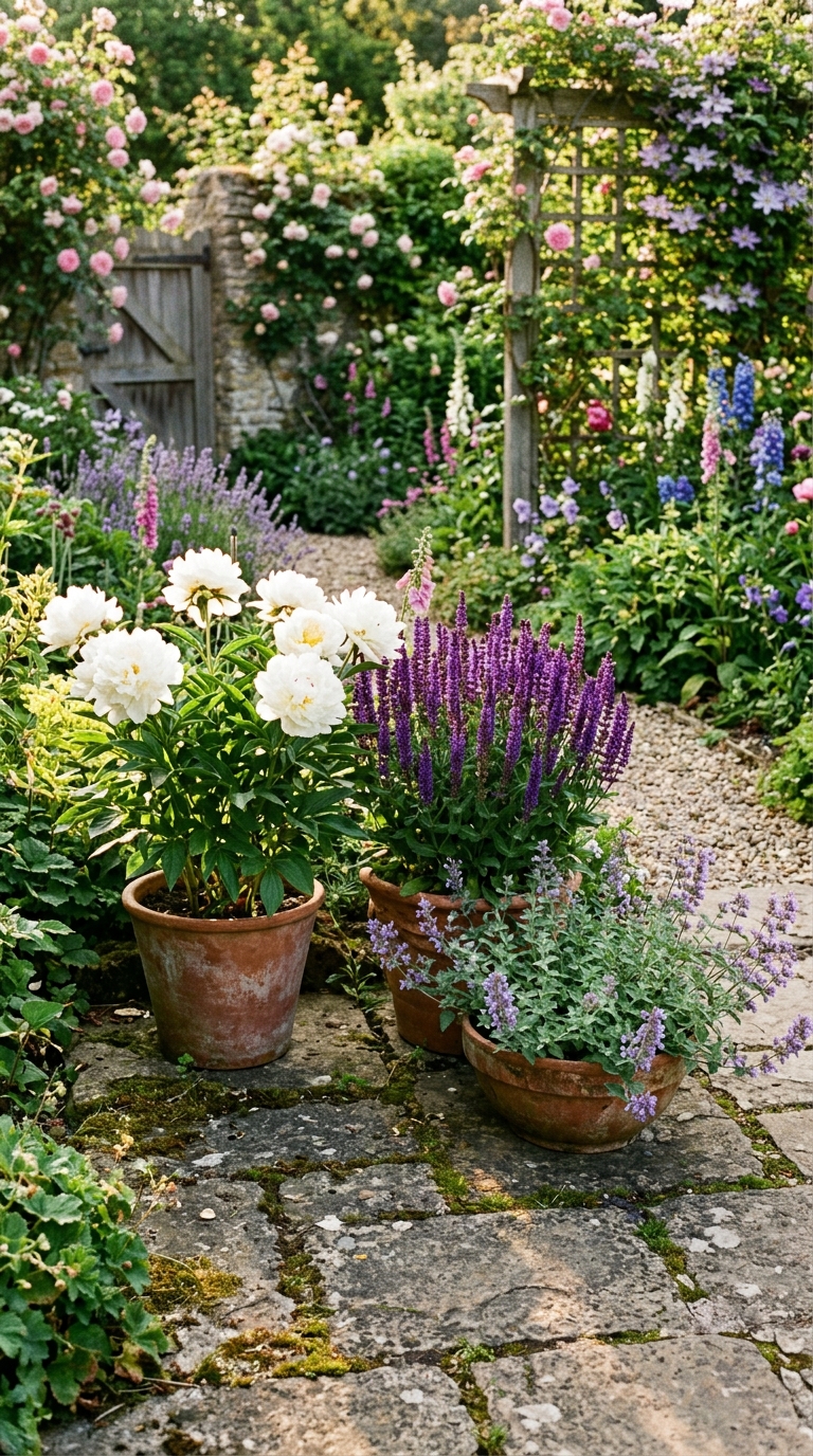 Grouped container display with white peony pot, purple salvia, and trailing catmint showing companion planting for potted peonies on a patio