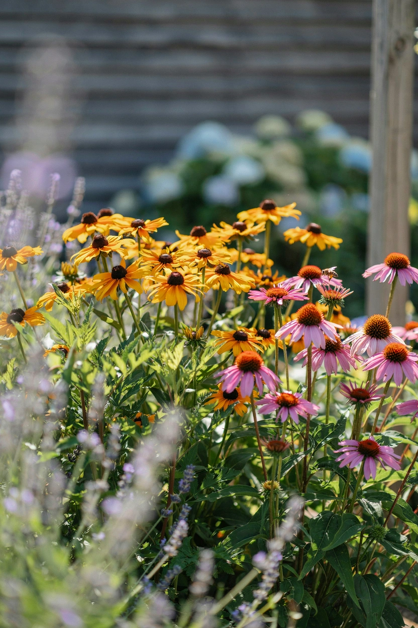Pink echinacea coneflowers and yellow rudbeckia in a low-maintenance cottage garden border