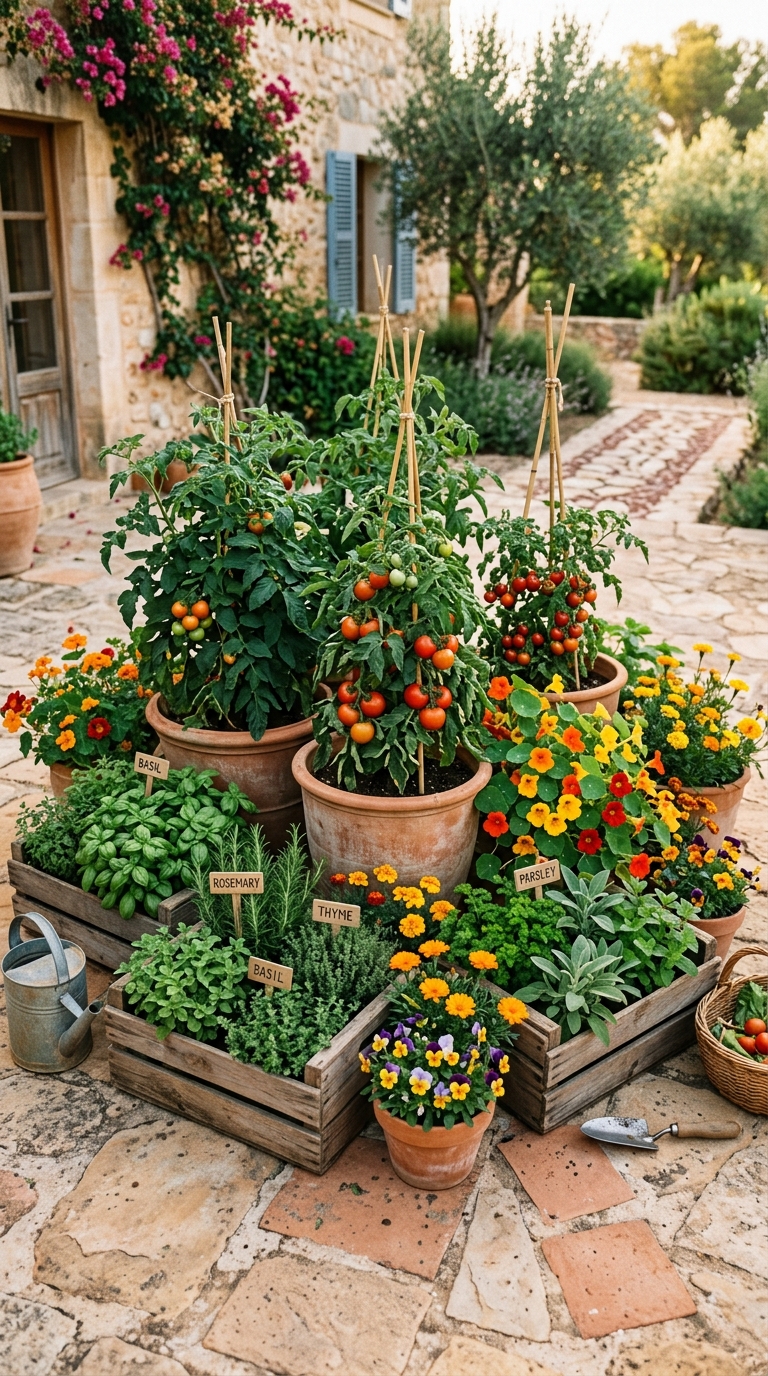 Container potager garden on patio with terracotta pots, wooden crates, herbs, and edible flowers
