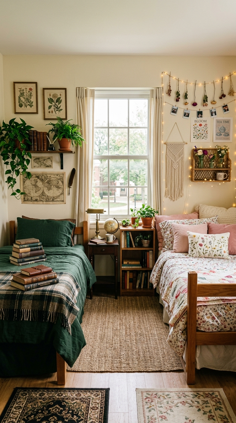 Shared dorm room with two different aesthetics coordinated through a neutral color base