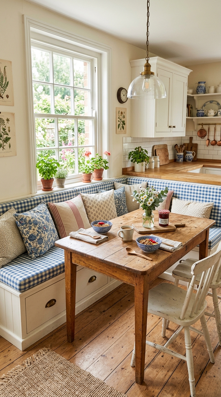 Corner banquette breakfast nook with gingham upholstery and built-in storage drawers in cottage kitchen
