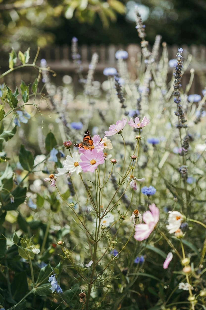 Soft pink cosmos flowers attracting a painted lady butterfly in a romantic summer pollinator garden