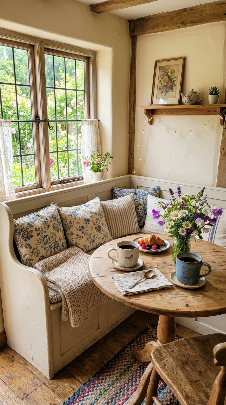 Cozy cottage breakfast nook with rustic seating and warm decor