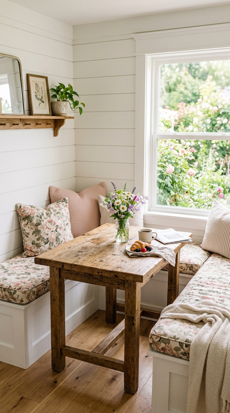 Cozy cottage breakfast nook with white shiplap walls and floral cushioned built-in bench seating