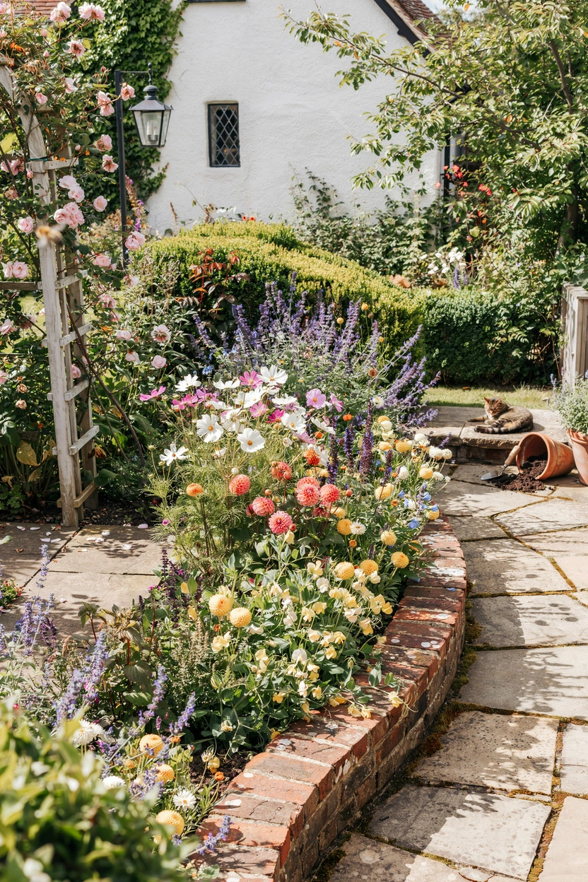 Cottage brick garden edging ideas with beautiful landscaped flower borders