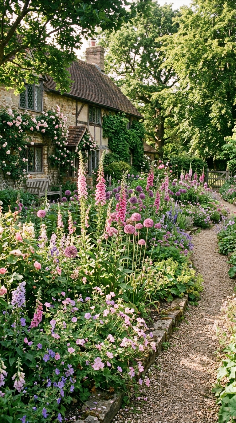 Cottage garden border with alliums, foxgloves, and hardy geraniums in romantic layered summer planting