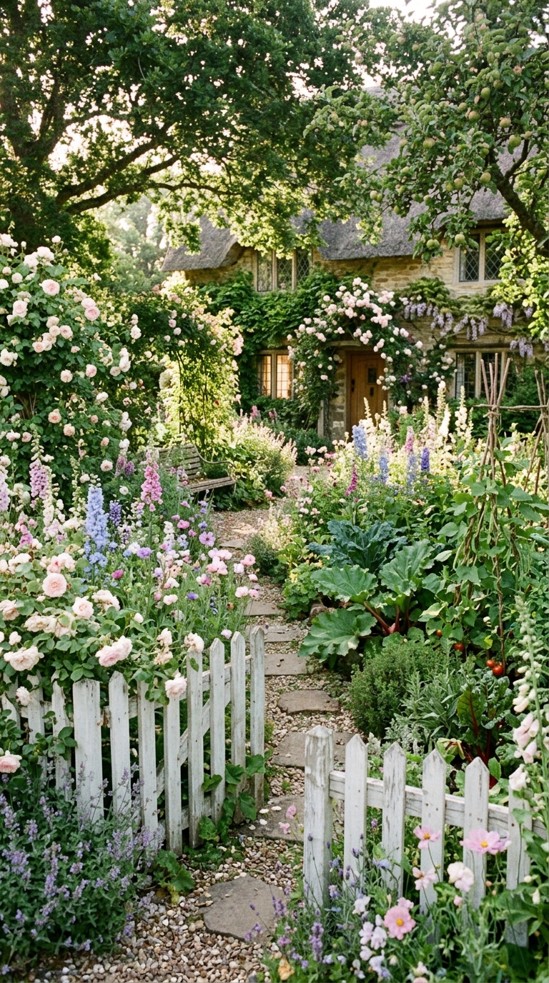 Cottage-style mixed border potager garden with flowers and vegetables
