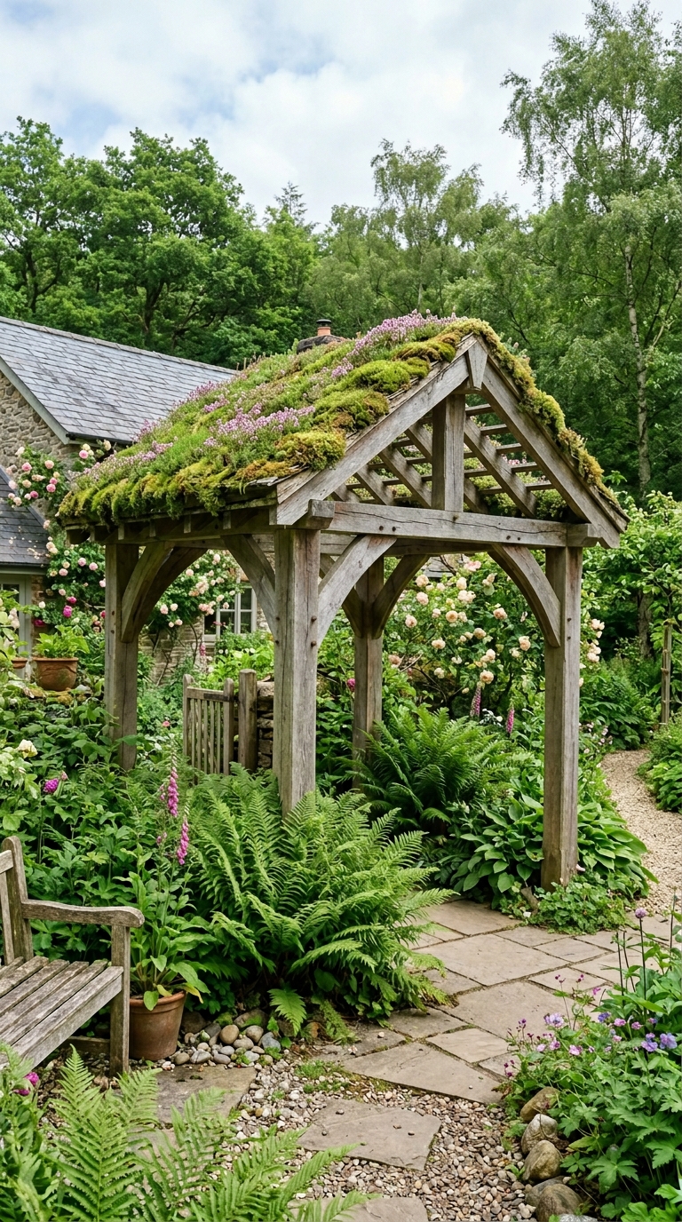 Cottage garden pergola with living moss and creeping thyme roof garden