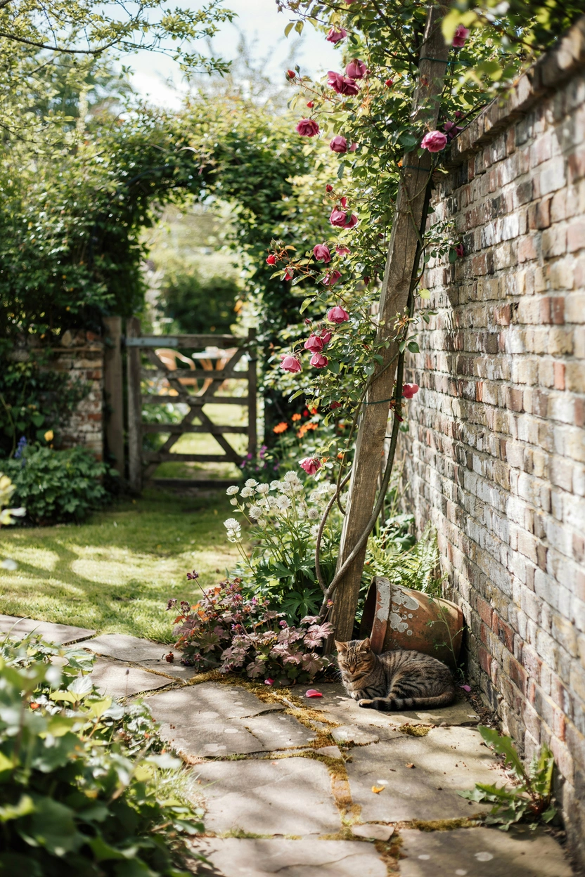 Climbing rose and astrantia in a cottage garden corner — creative rose planting idea for awkward spaces