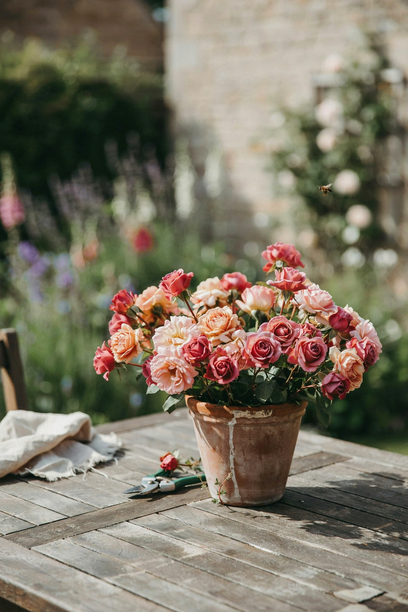Fresh-cut cottage garden roses in a terracotta pot — rose cutting garden ideas