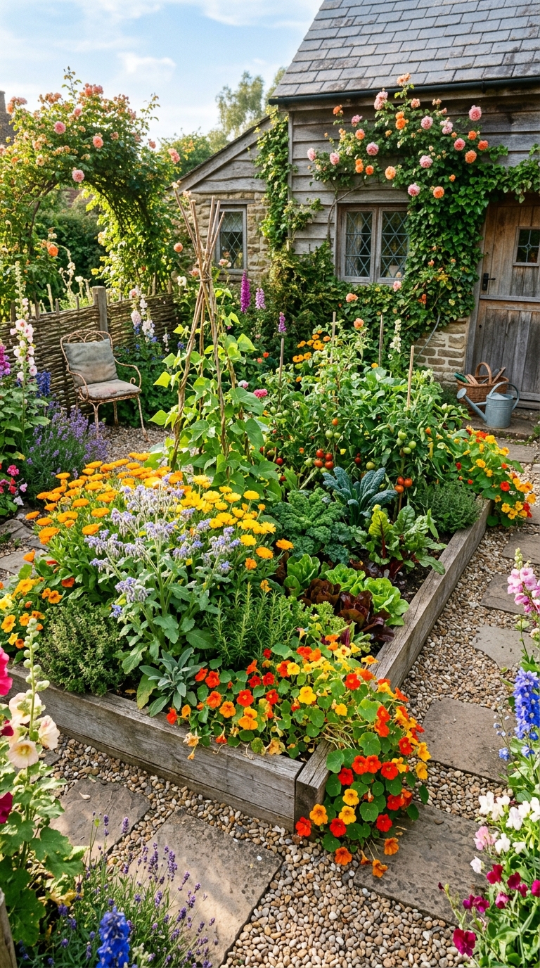Cottage potager garden with edible flowers, including calendula, borage, and nasturtiums mixed with vegetables in a small urban garden