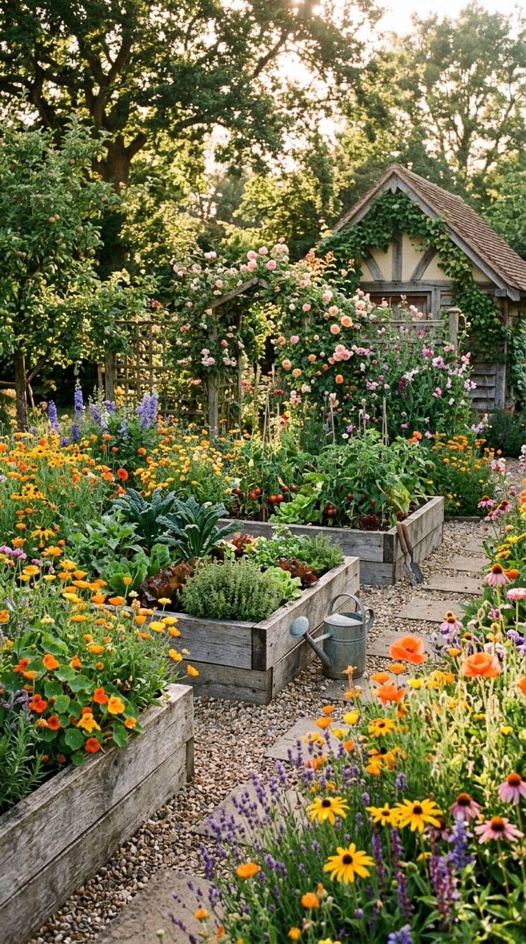 Cottage style potager garden with wildflower borders, wooden raised beds, and edible flowers in a romantic garden setting