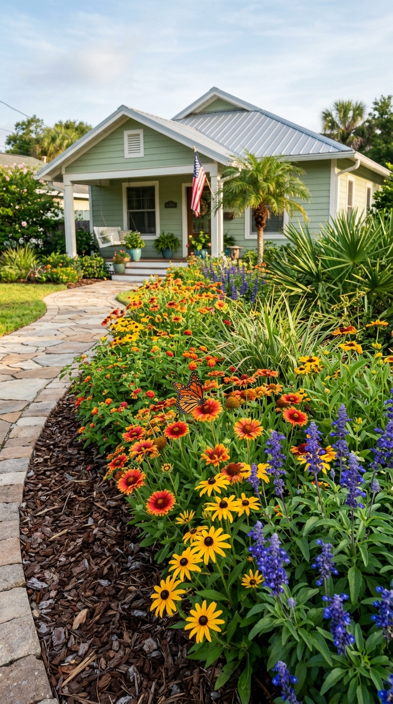 Cottage-style Florida front yard flower bed with native wildflowers, blanket flower, and black-eyed Susan