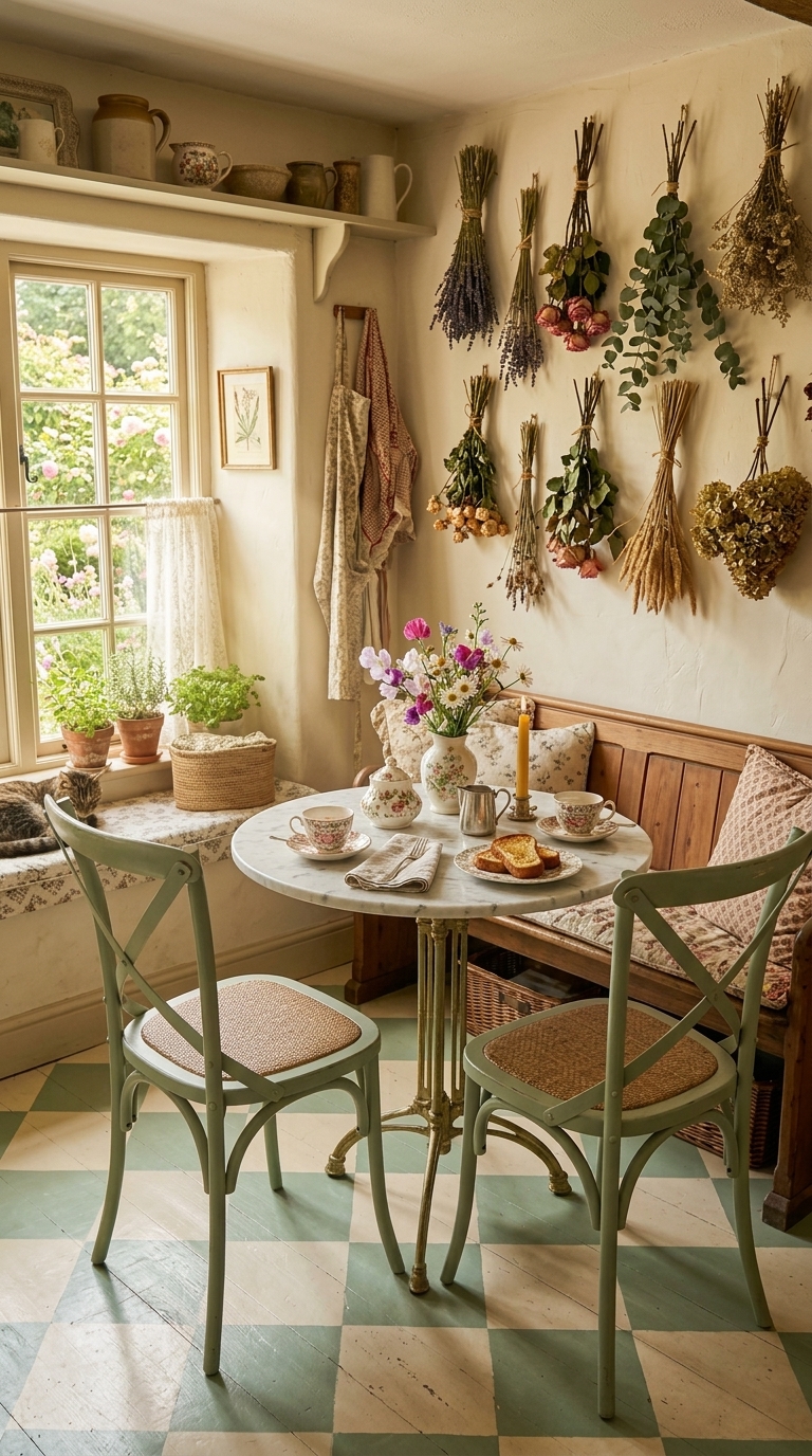 Cottagecore breakfast nook with dried flower bundles, cane chairs, and a painted checkerboard floor