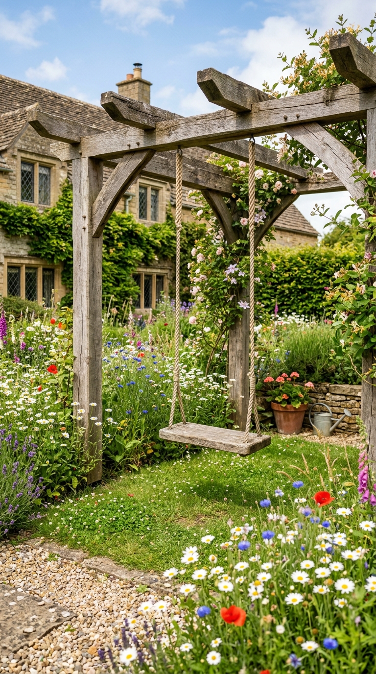 Cottagecore rustic pergola with rope swing surrounded by wildflowers and moss
