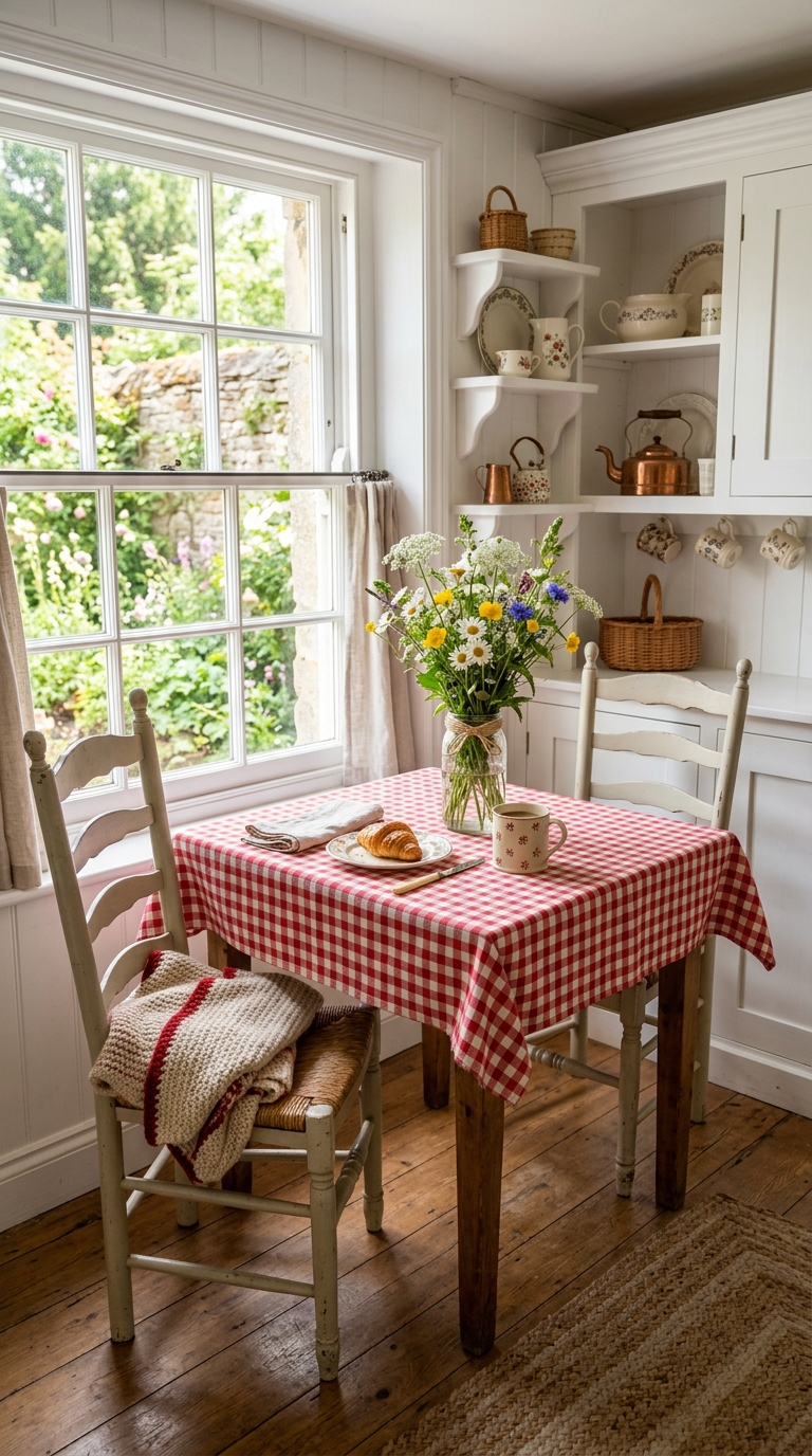 Country cottage breakfast nook with checked tablecloth, ladder-back chairs, and mason jar blooms