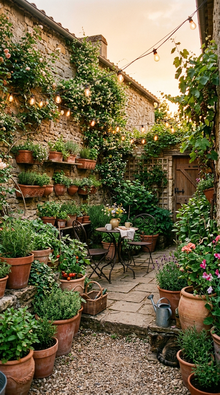 Small courtyard potager garden with terracotta containers, wall planters, bistro table, and string lights in an urban townhouse garden