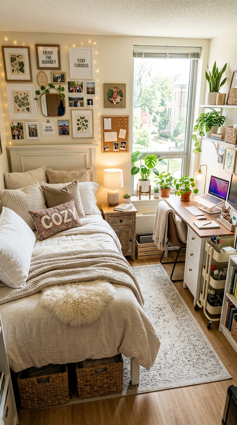 Cozy aesthetic dorm room with stylish decor and smart storage ideas