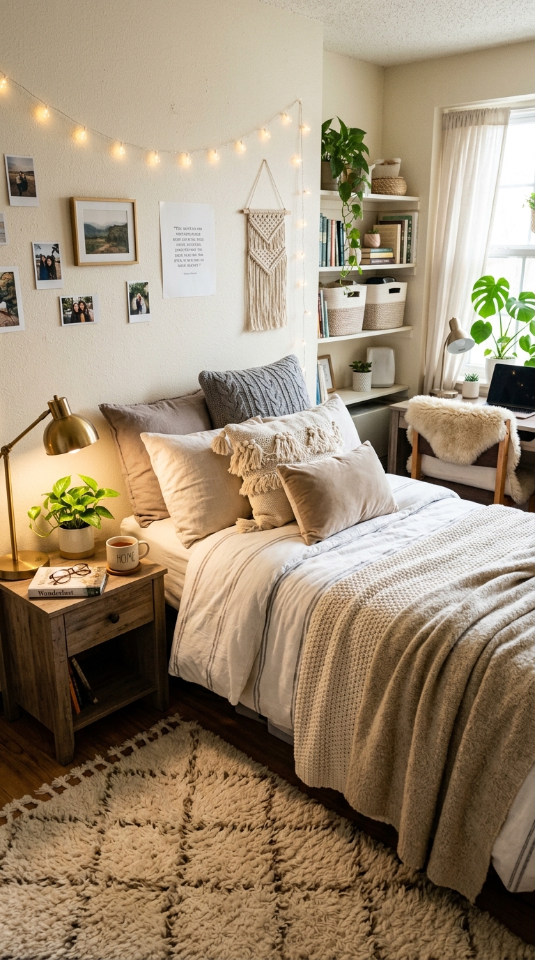 Cozy dorm bed styled with layered bedding and rugs