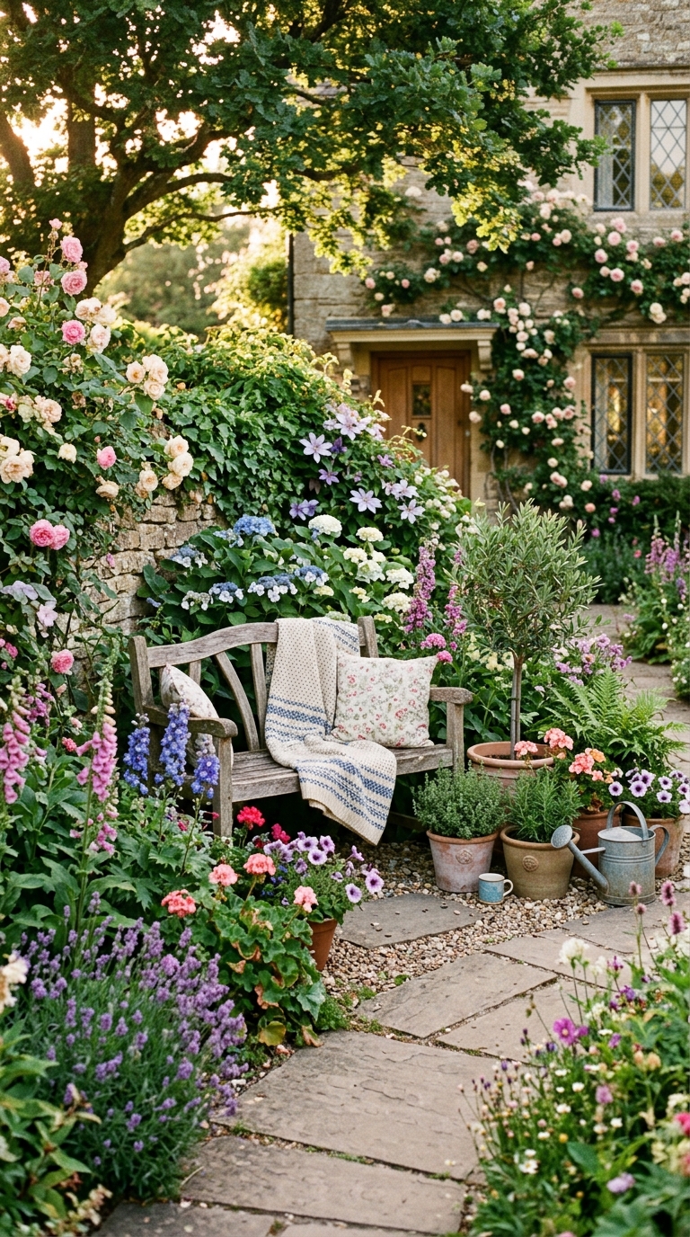 Cozy front yard seating nook idea surrounded by flowers