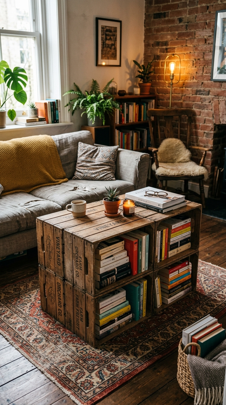 DIY stacked wooden crate coffee table in small apartment rustic living room decor