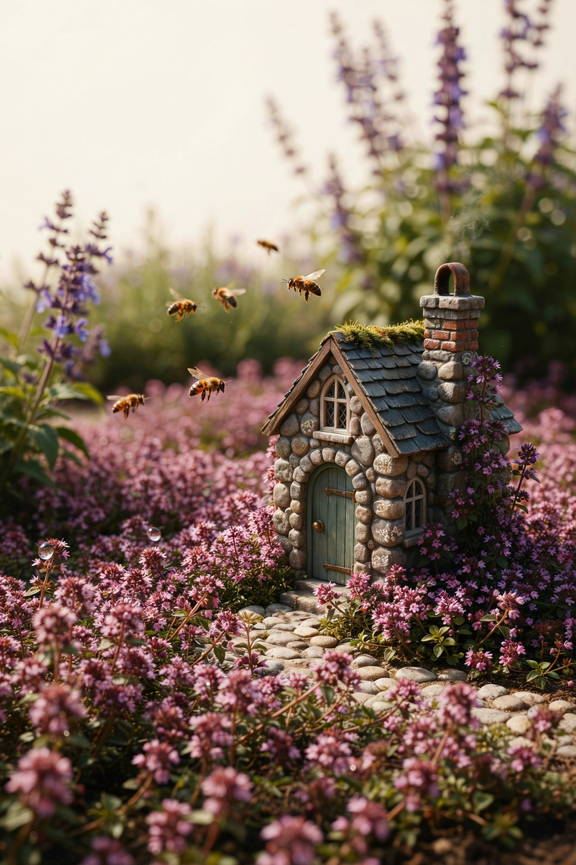 Stone fairy cottage surrounded by blooming pink creeping thyme in an outdoor fairy garden