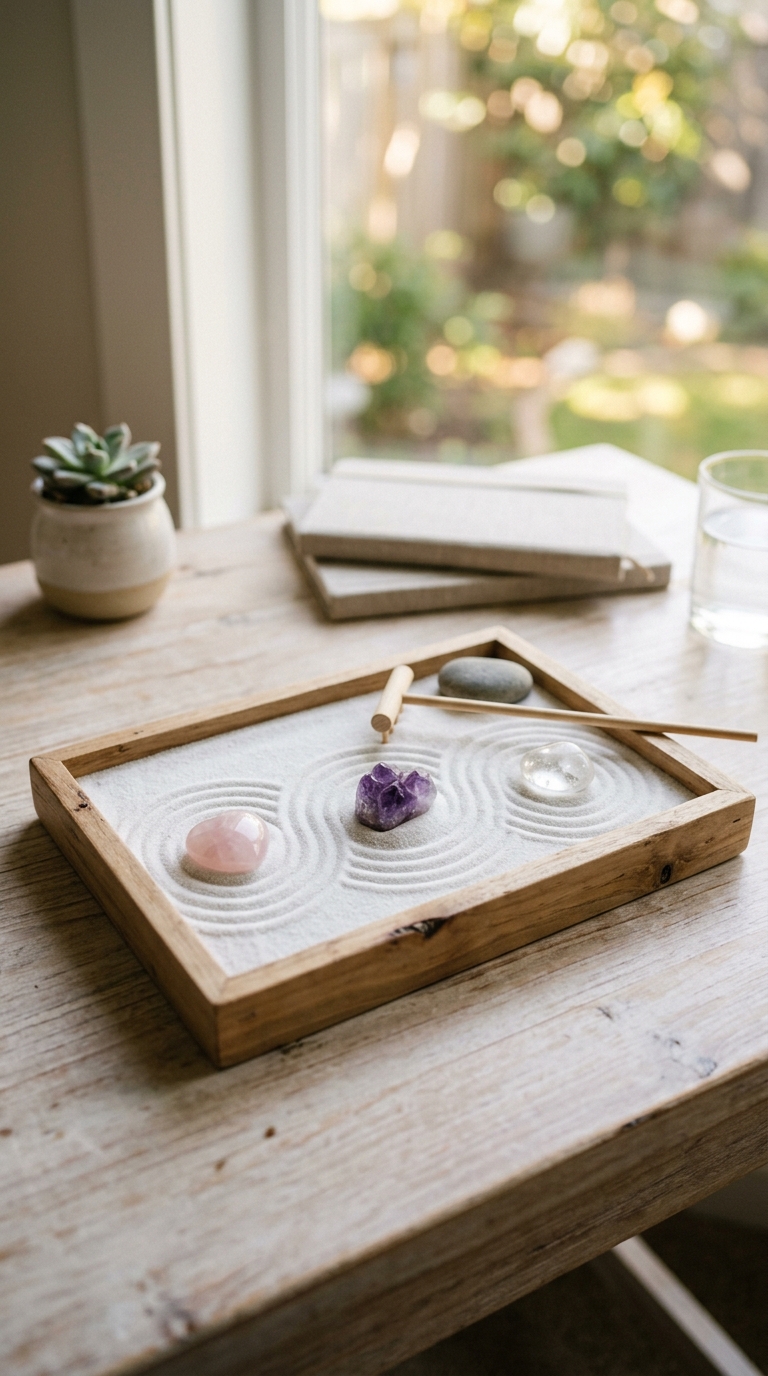 Mini zen garden with rose quartz and amethyst crystals for calm desk decor