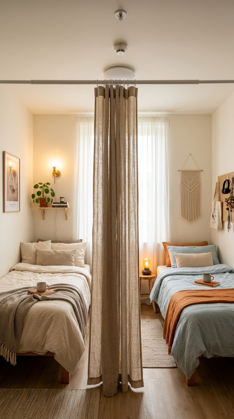 Tension rod curtain divider in a shared dorm room for two, creating private cozy sleeping zones