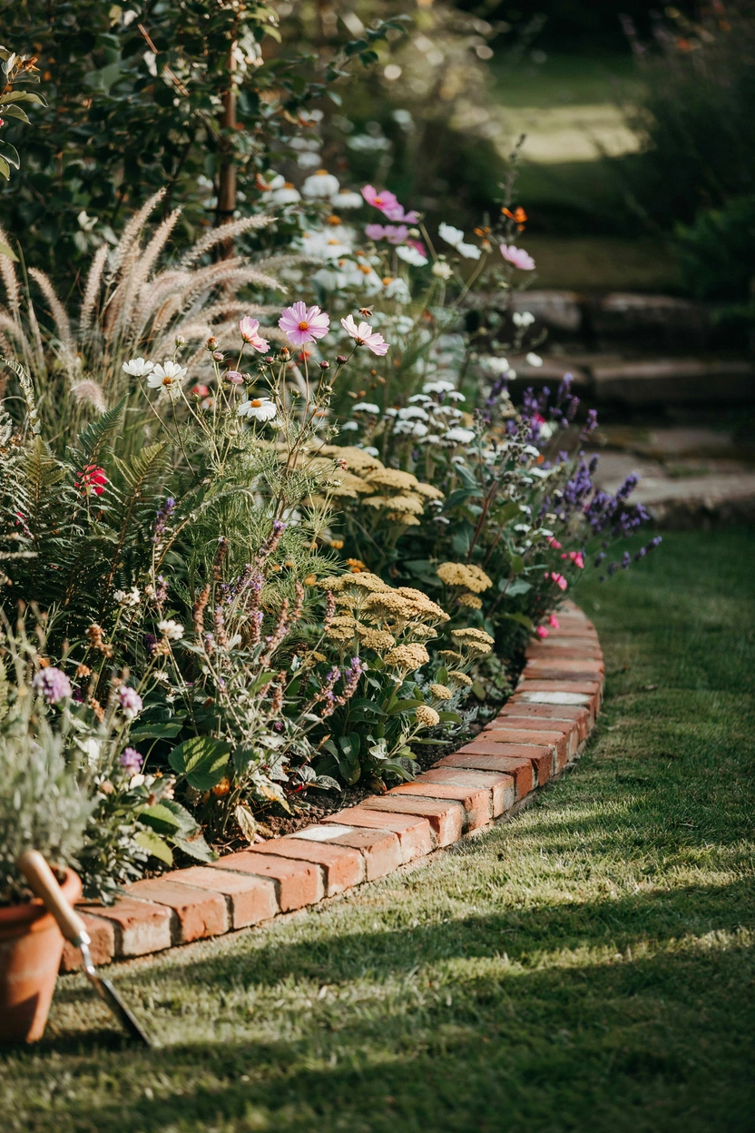 Curved brick garden edging following a natural flowing lawn line with a lush perennial border behind