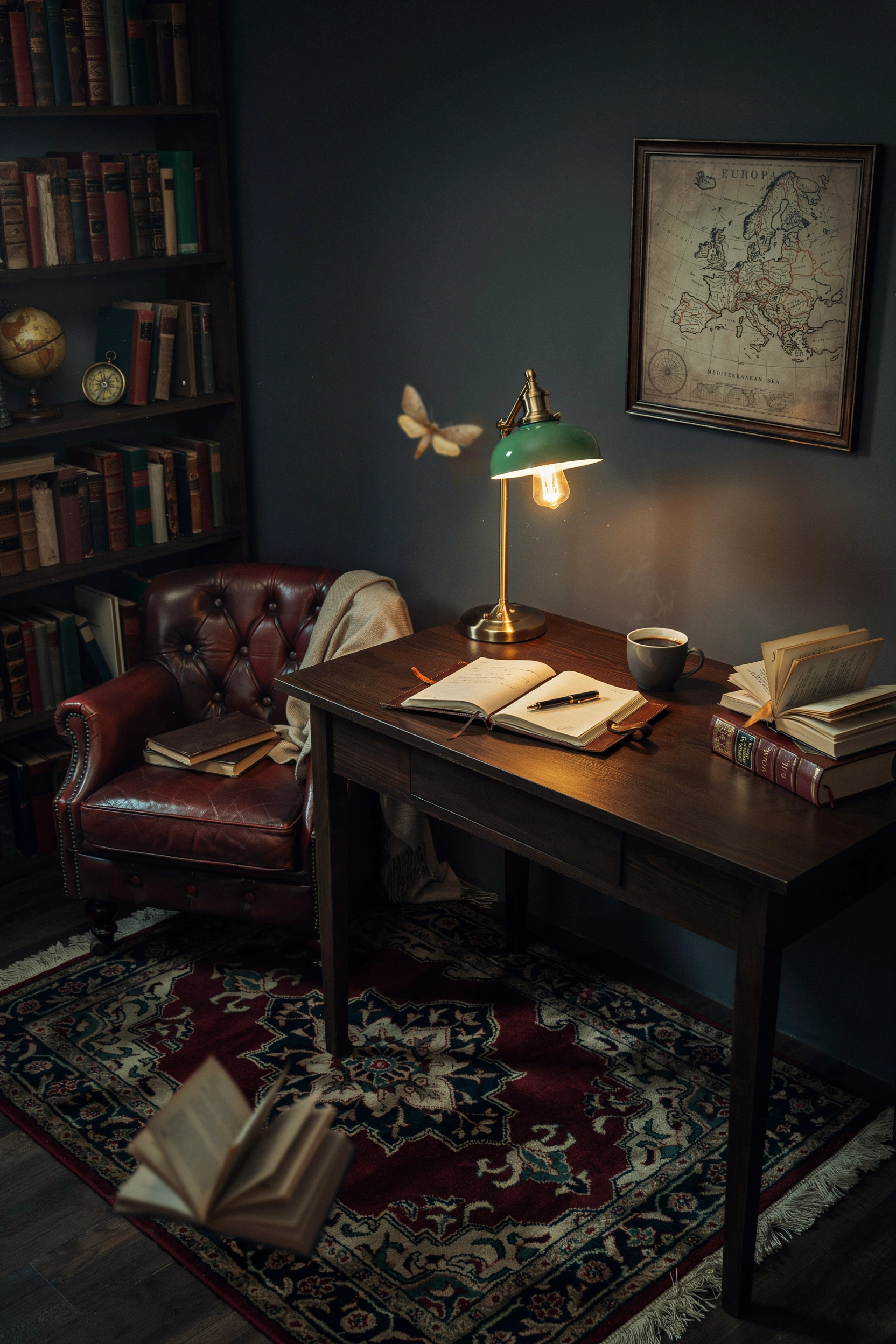 Dark academia college bedroom decor for men on a budget with warm lighting, vintage rug, and stacked books