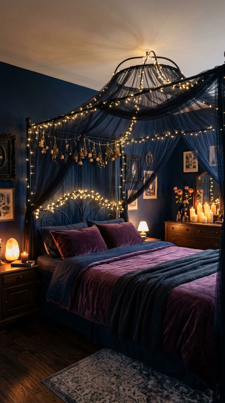 Dark romantic bedroom with fairy lights, sheer canopy, and deep navy walls for a dreamy intimate look