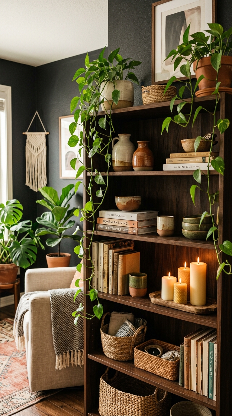 Dark boho bookshelf styled with trailing plants, ceramics, candles, and books against a charcoal wall