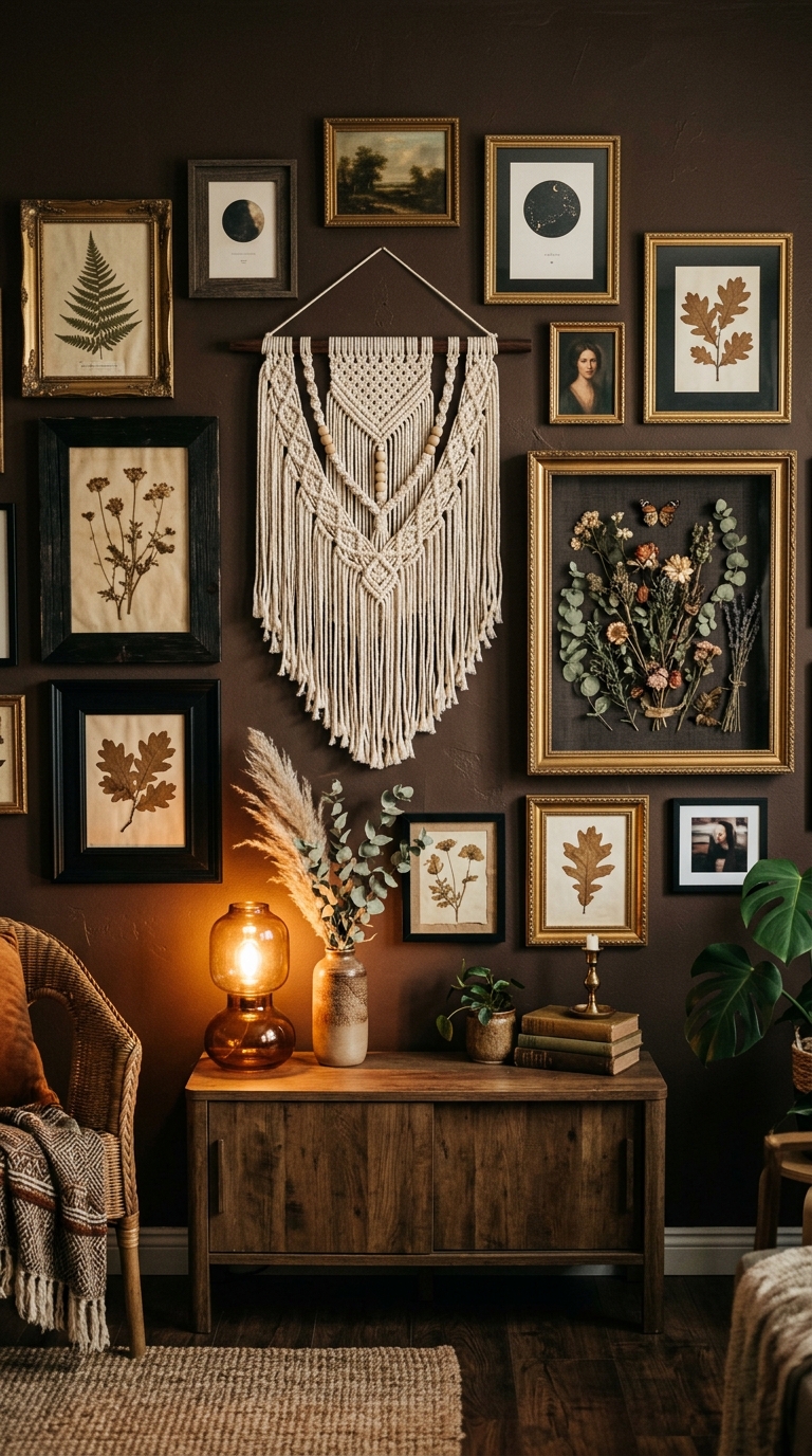 Dark boho gallery wall with mismatched frames, macrame, and botanical prints on a deep brown wall