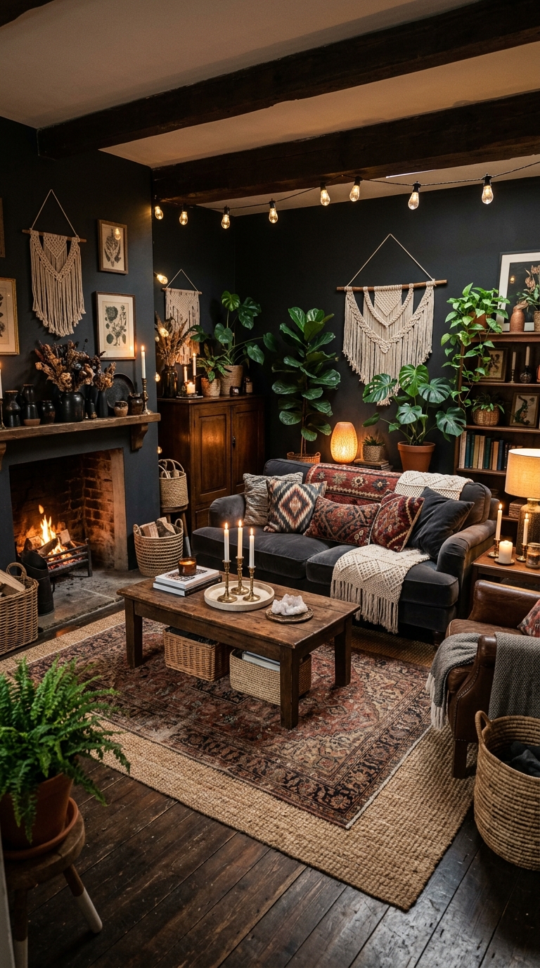 Dark boho living room decor ideas with cozy moody styling