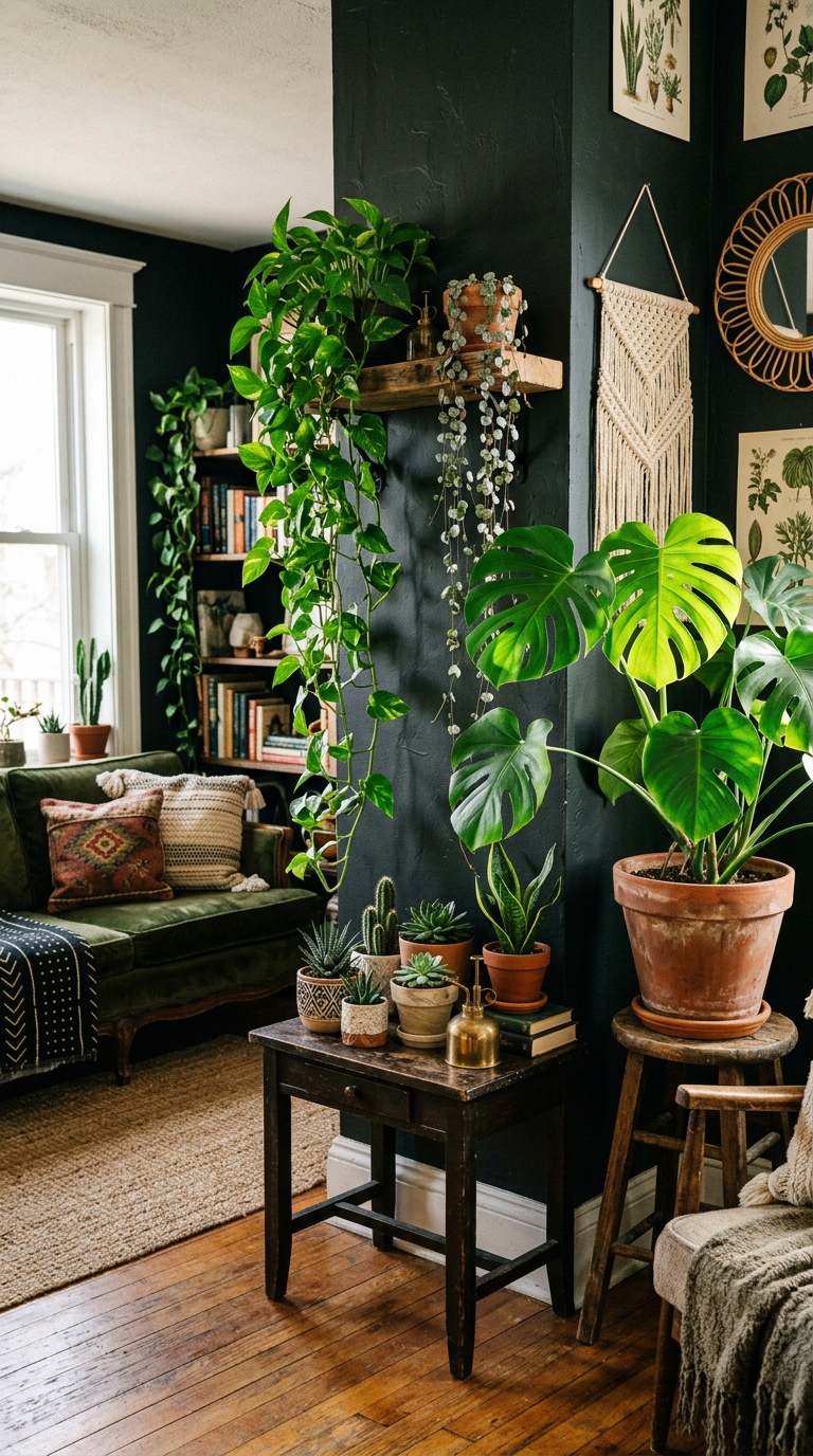 Lush monstera and trailing pothos plants in a dark boho living room corner
