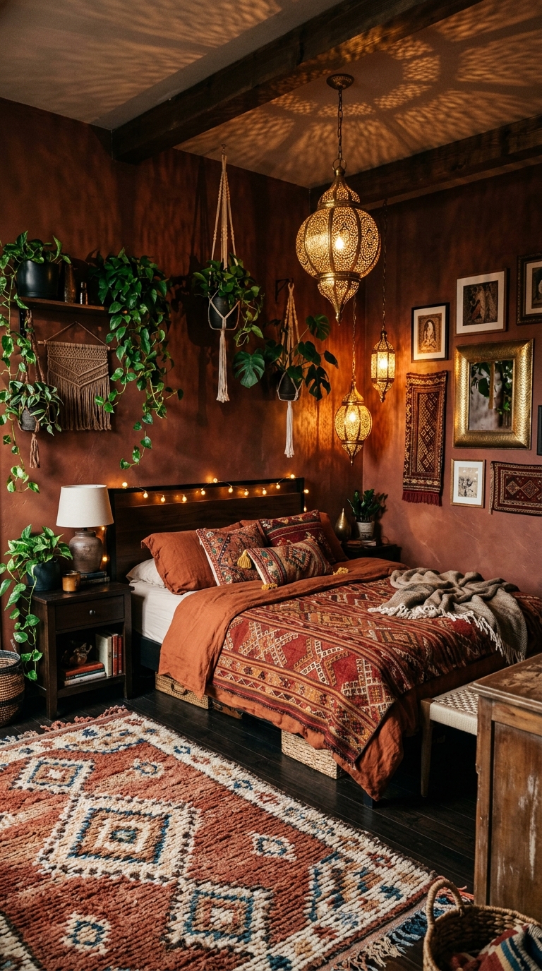 Dark bohemian bedroom with Moroccan lanterns, terracotta walls, and layered earthy textiles for a moody boho look