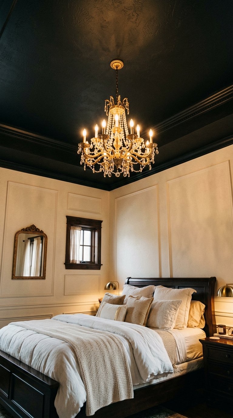 Moody bedroom with dark painted ceiling, gold chandelier, and cream walls for a dramatic cocooning effect