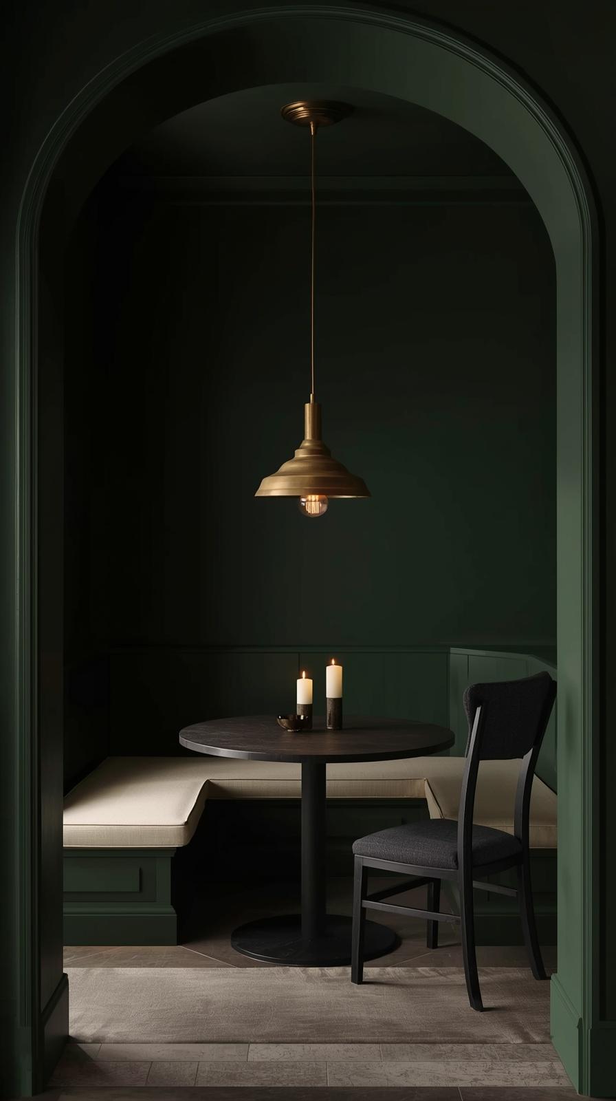 Moody breakfast nook with dark forest green walls and a matching painted ceiling for a cocooning effect