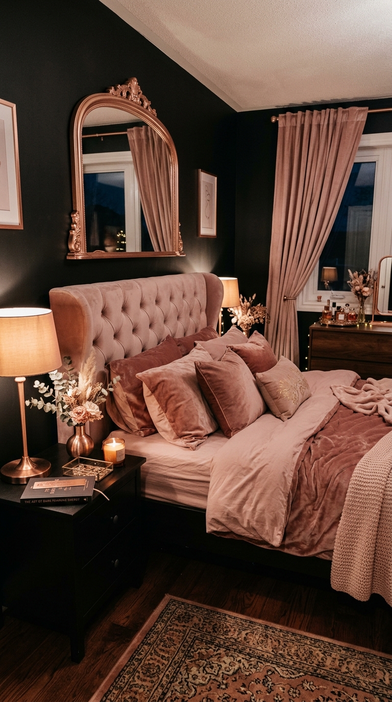 Dark feminine bedroom with black walls, blush bedding, and rose gold accents for a glamorous romantic look